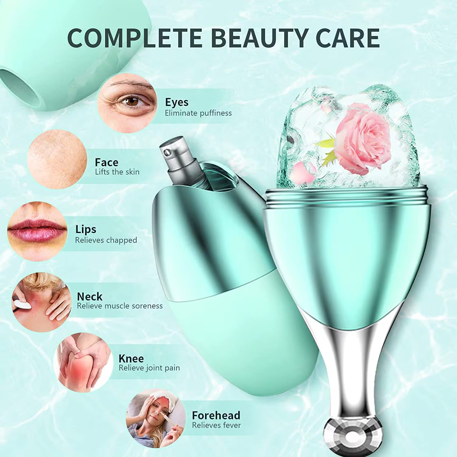 Rodillo masajeador facial de hielo 2 en 1 con pulverizador de bruma