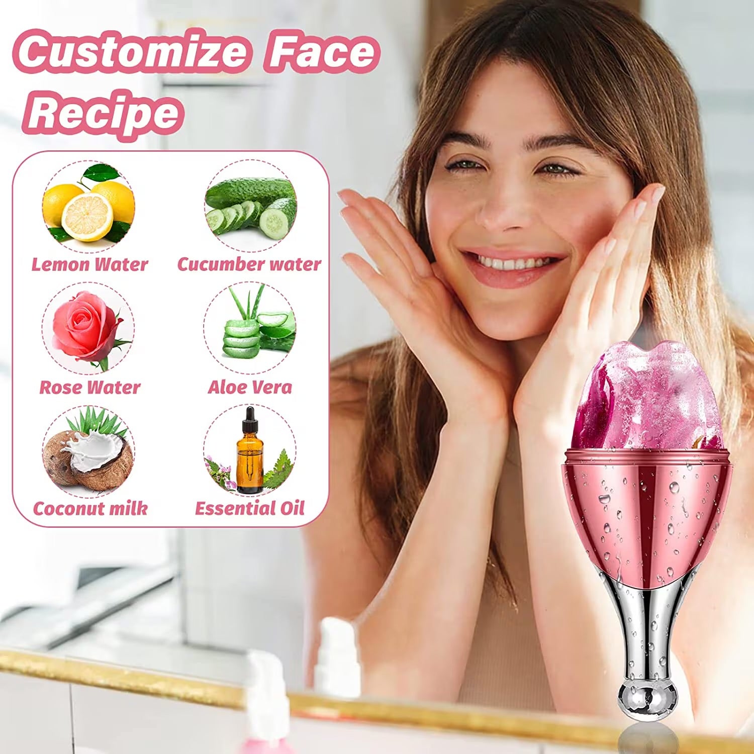 Rodillo masajeador facial de hielo 2 en 1 con pulverizador de bruma